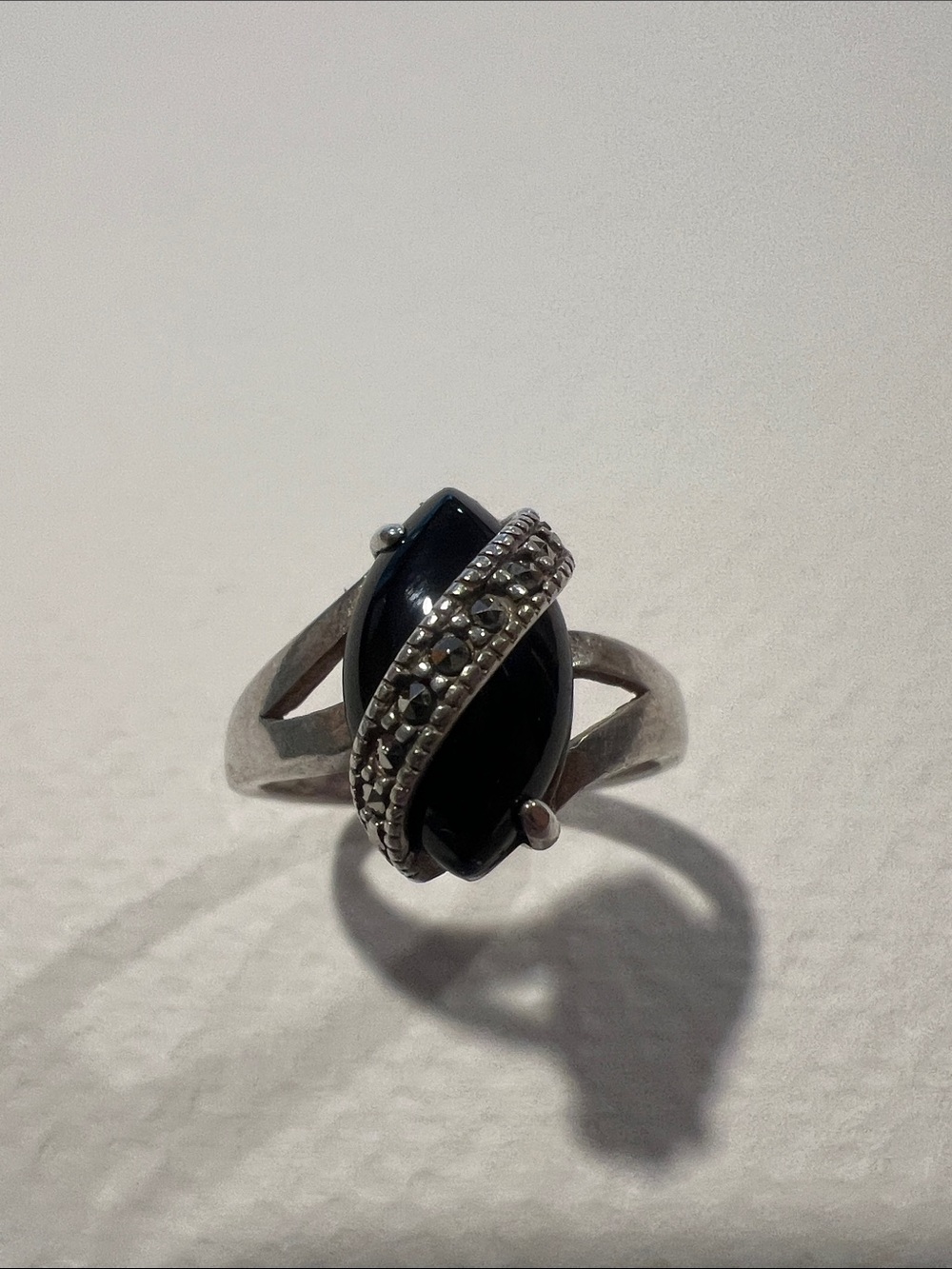 Sterling Silver Black Onyx Marcasite Twist Ring